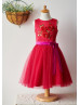 Red Satin Tulle Knee Length Flower Girl Dress With Handmade Rose